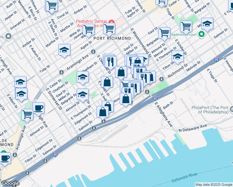 map of restaurants, bars, coffee shops, grocery stores, and more near 3056 Edgemont Street in Philadelphia