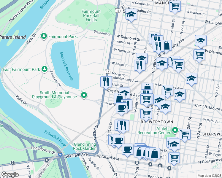map of restaurants, bars, coffee shops, grocery stores, and more near 3221 Cecil B. Moore Avenue in Philadelphia