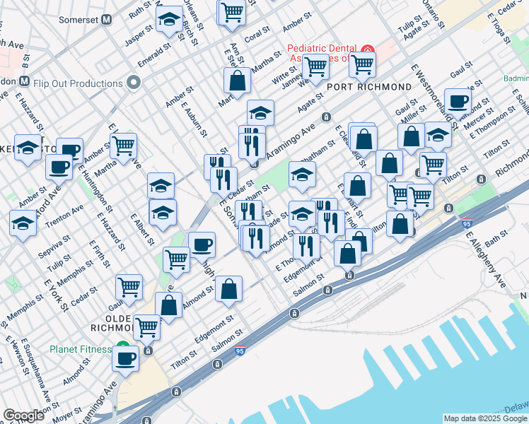 map of restaurants, bars, coffee shops, grocery stores, and more near 2513 East Auburn Street in Philadelphia