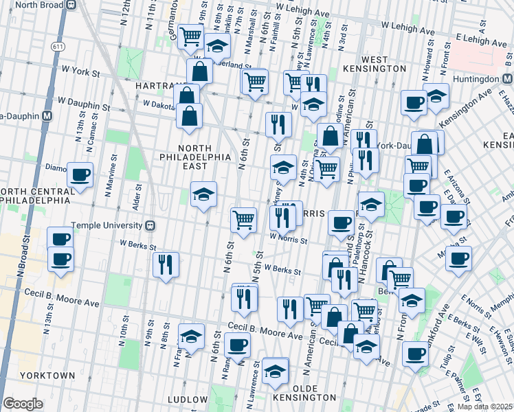 map of restaurants, bars, coffee shops, grocery stores, and more near 2049 North Randolph Street in Philadelphia