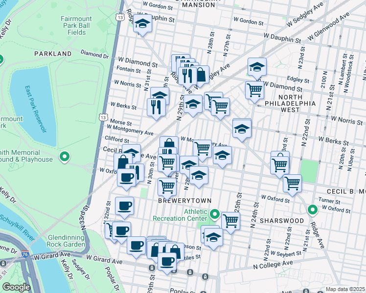 map of restaurants, bars, coffee shops, grocery stores, and more near 1749 North Dover Street in Philadelphia