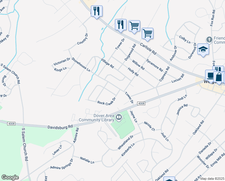 map of restaurants, bars, coffee shops, grocery stores, and more near 3521 Wyngate Rd in Dover