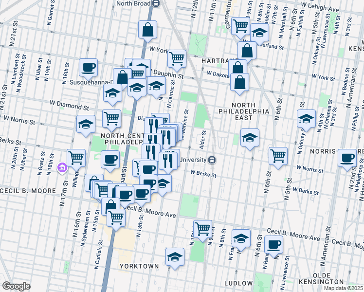 map of restaurants, bars, coffee shops, grocery stores, and more near 1105 West Norris Street in Philadelphia