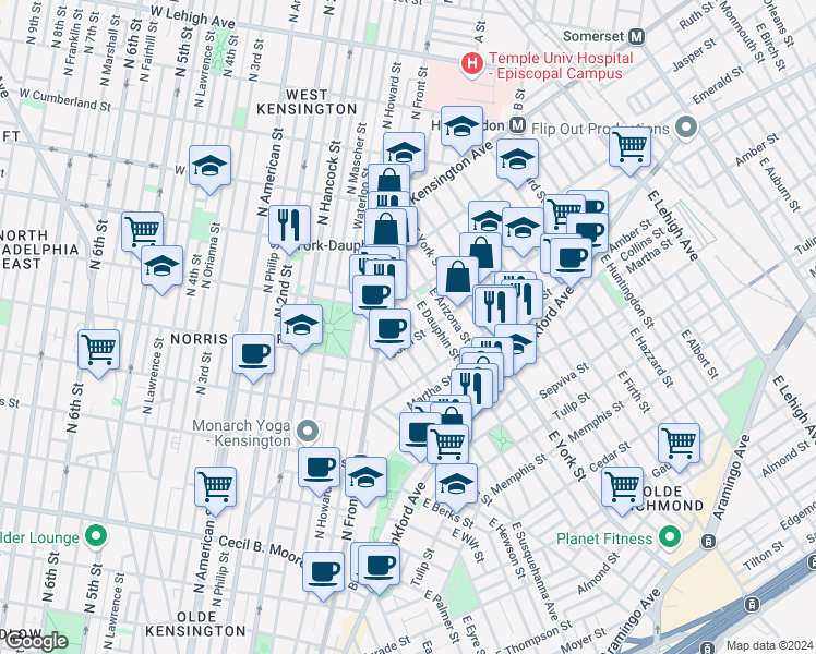 map of restaurants, bars, coffee shops, grocery stores, and more near 2024 East Fletcher Street in Philadelphia