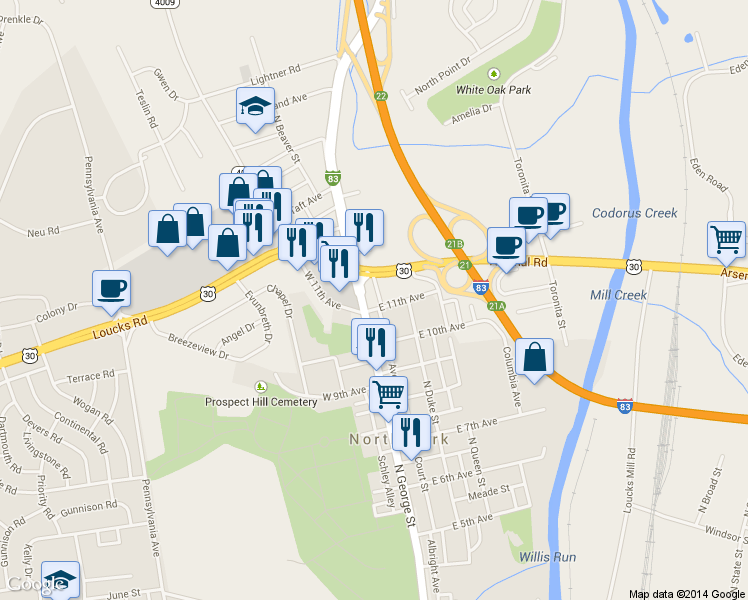 map of restaurants, bars, coffee shops, grocery stores, and more near 1511 North George Street in York