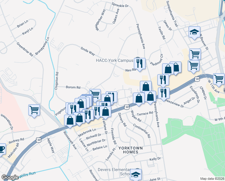 map of restaurants, bars, coffee shops, grocery stores, and more near 1746 Devers Road in York