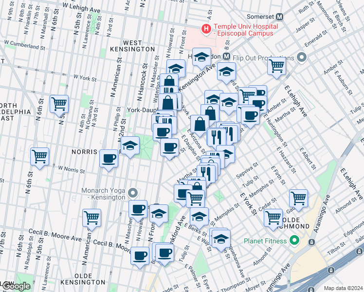 map of restaurants, bars, coffee shops, grocery stores, and more near 2037 East Fletcher Street in Philadelphia