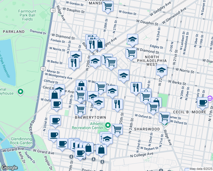 map of restaurants, bars, coffee shops, grocery stores, and more near 1761 N 27th St in Philadelphia