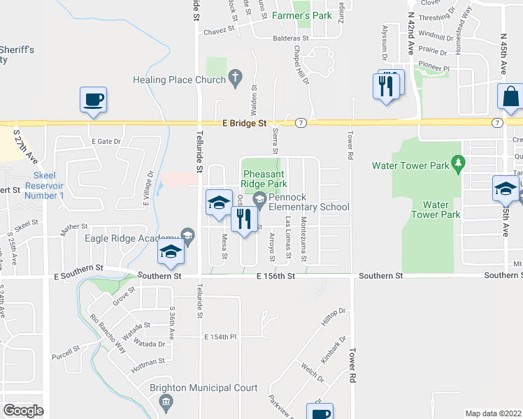 map of restaurants, bars, coffee shops, grocery stores, and more near 3707 Estrella Street in Brighton