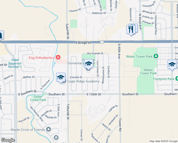 map of restaurants, bars, coffee shops, grocery stores, and more near 3707 Estrella Street in Brighton
