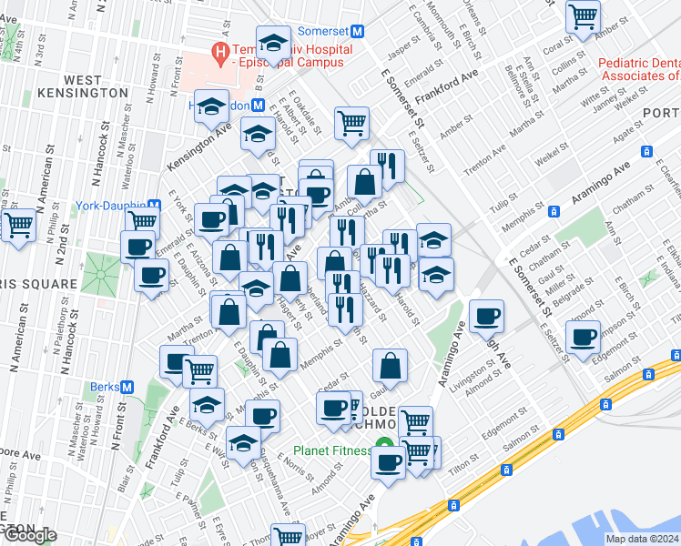 map of restaurants, bars, coffee shops, grocery stores, and more near 2531 Trenton Avenue in Philadelphia
