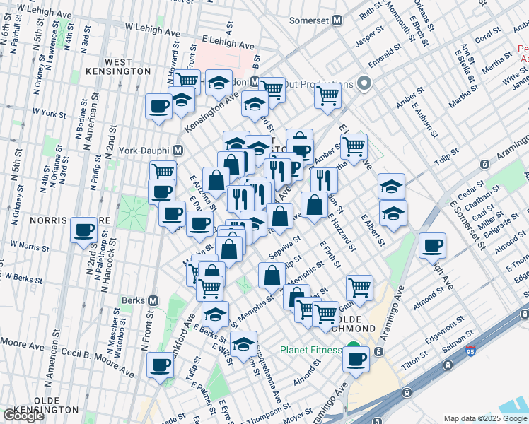 map of restaurants, bars, coffee shops, grocery stores, and more near 2450 Frankford Avenue in Philadelphia