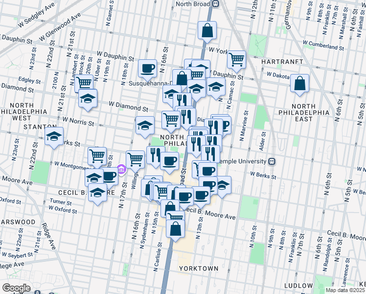 map of restaurants, bars, coffee shops, grocery stores, and more near 1934 North Broad Street in Philadelphia