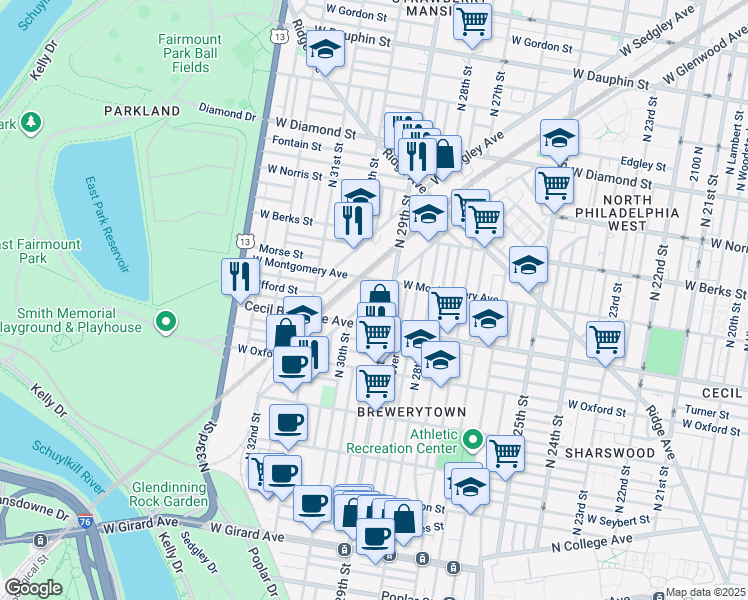 map of restaurants, bars, coffee shops, grocery stores, and more near 1738 North Hollywood Street in Philadelphia