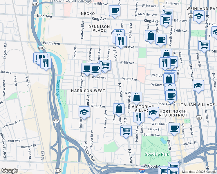 map of restaurants, bars, coffee shops, grocery stores, and more near 337 Tappan Street in Columbus