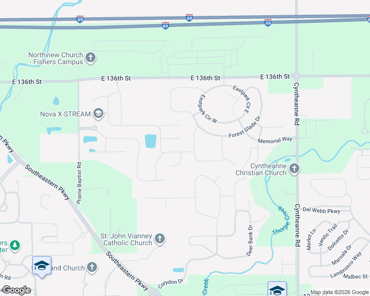 map of restaurants, bars, coffee shops, grocery stores, and more near 15144 Lansbury Lane in Fishers