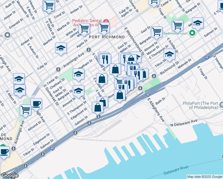 map of restaurants, bars, coffee shops, grocery stores, and more near 3058 Edgemont Street in Philadelphia