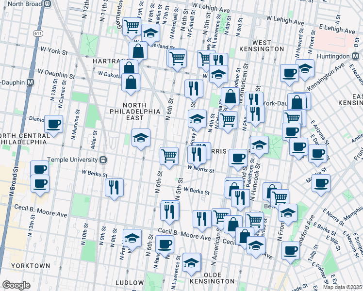 map of restaurants, bars, coffee shops, grocery stores, and more near 512 Diamond Street in Philadelphia