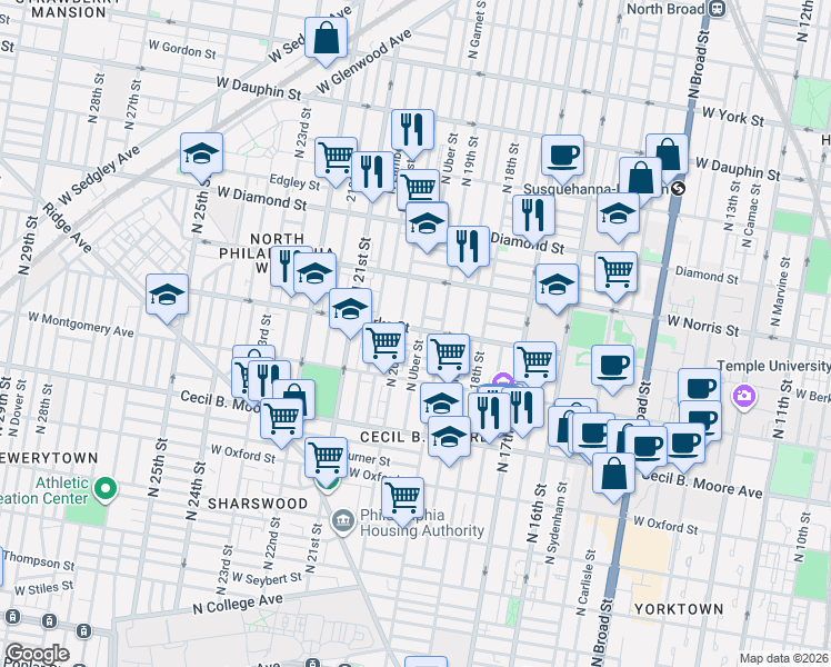 map of restaurants, bars, coffee shops, grocery stores, and more near 1926 West Berks Street in Philadelphia