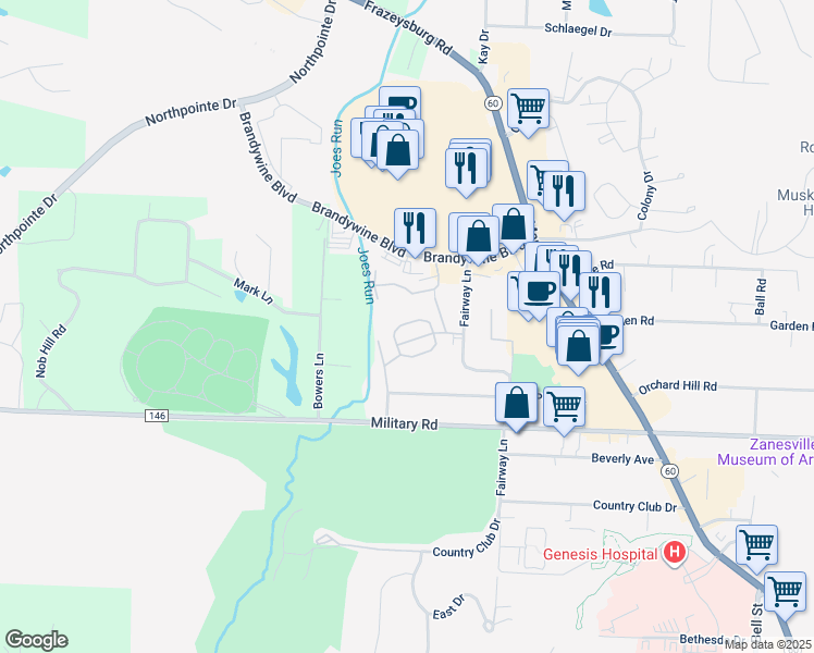 map of restaurants, bars, coffee shops, grocery stores, and more near 1523 Venus Place in Zanesville