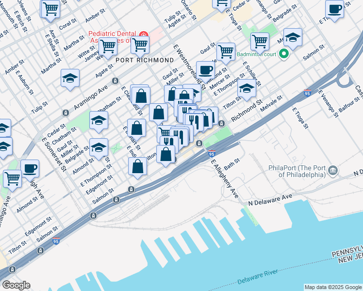 map of restaurants, bars, coffee shops, grocery stores, and more near 3145 Salmon Street in Philadelphia