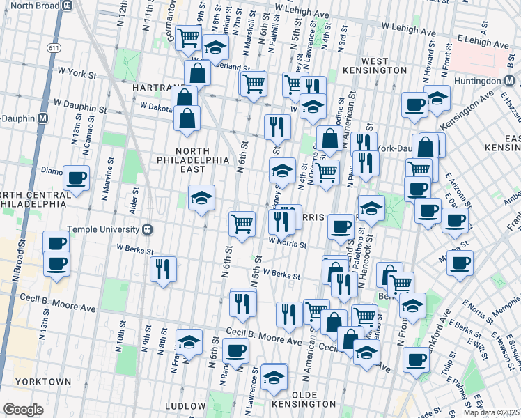 map of restaurants, bars, coffee shops, grocery stores, and more near 512 Diamond Street in Philadelphia