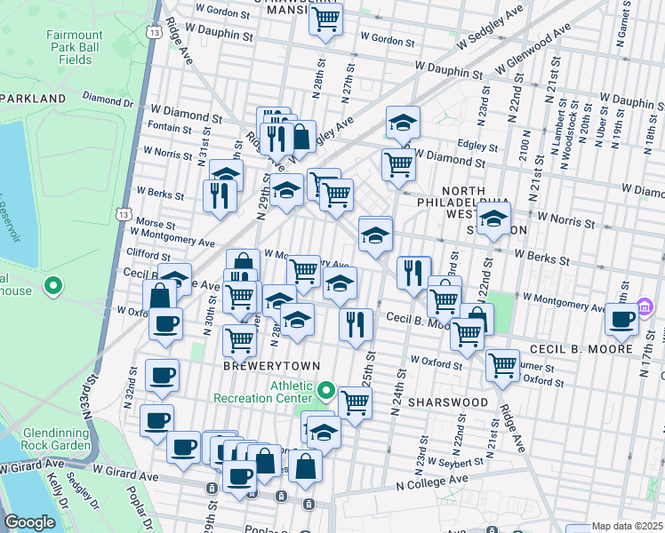 map of restaurants, bars, coffee shops, grocery stores, and more near 1767 North Taney Street in Philadelphia
