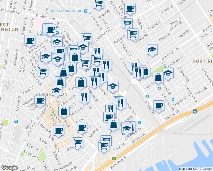 map of restaurants, bars, coffee shops, grocery stores, and more near 2650 Agate Street in Philadelphia