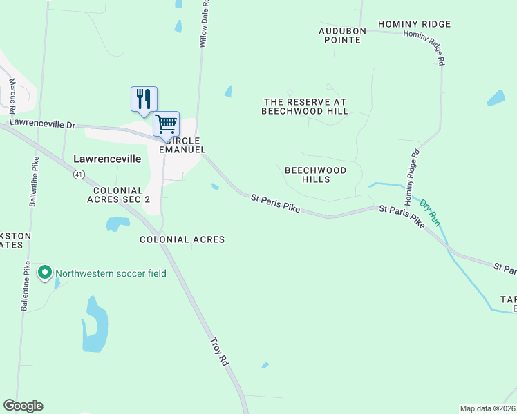 map of restaurants, bars, coffee shops, grocery stores, and more near 4325 Saint Paris Pike in Springfield