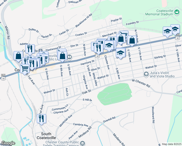 map of restaurants, bars, coffee shops, grocery stores, and more near 71 South 6th Avenue in Coatesville