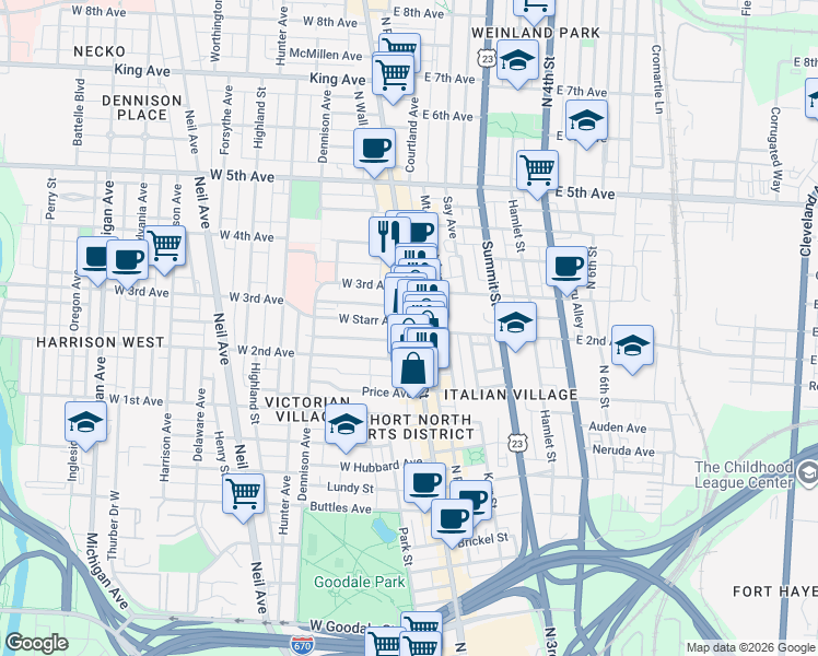map of restaurants, bars, coffee shops, grocery stores, and more near 987 North High Street in Columbus