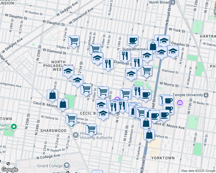 map of restaurants, bars, coffee shops, grocery stores, and more near 1805 West Berks Street in Philadelphia