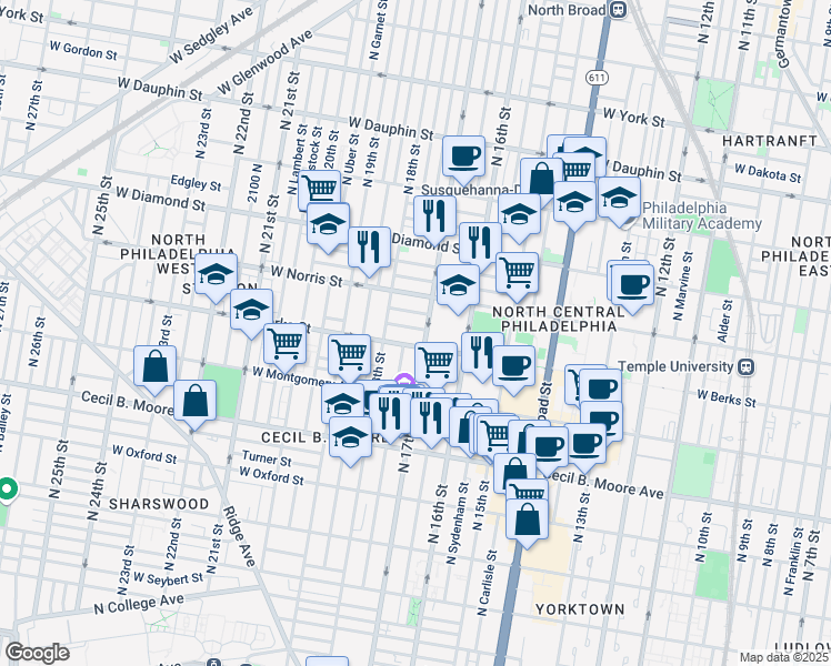 map of restaurants, bars, coffee shops, grocery stores, and more near 1712 Monument Street in Philadelphia
