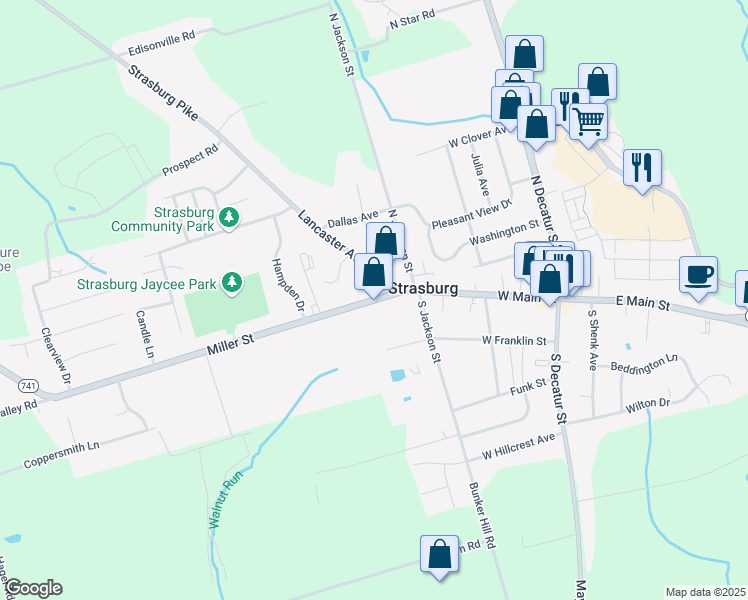map of restaurants, bars, coffee shops, grocery stores, and more near 33 Miller Street in Strasburg