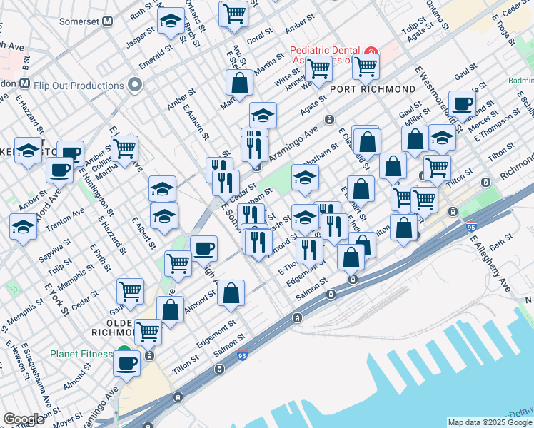 map of restaurants, bars, coffee shops, grocery stores, and more near 2511 East Auburn Street in Philadelphia