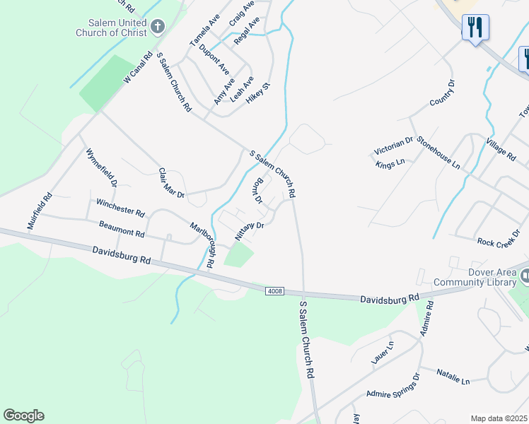 map of restaurants, bars, coffee shops, grocery stores, and more near 3330 Hub Court in Dover