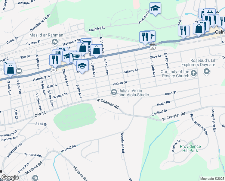 map of restaurants, bars, coffee shops, grocery stores, and more near 115 South 11th Avenue in Coatesville