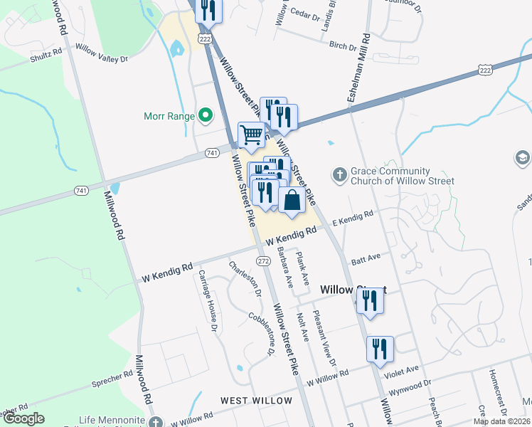 map of restaurants, bars, coffee shops, grocery stores, and more near 2600 Willow Street Pike North in Willow Street