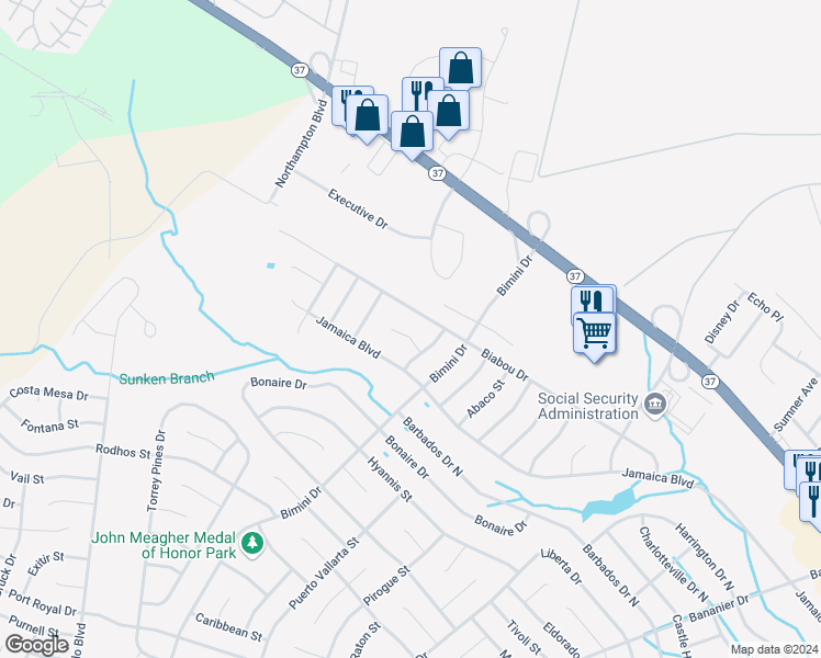 map of restaurants, bars, coffee shops, grocery stores, and more near 6 Nevis Court in Toms River