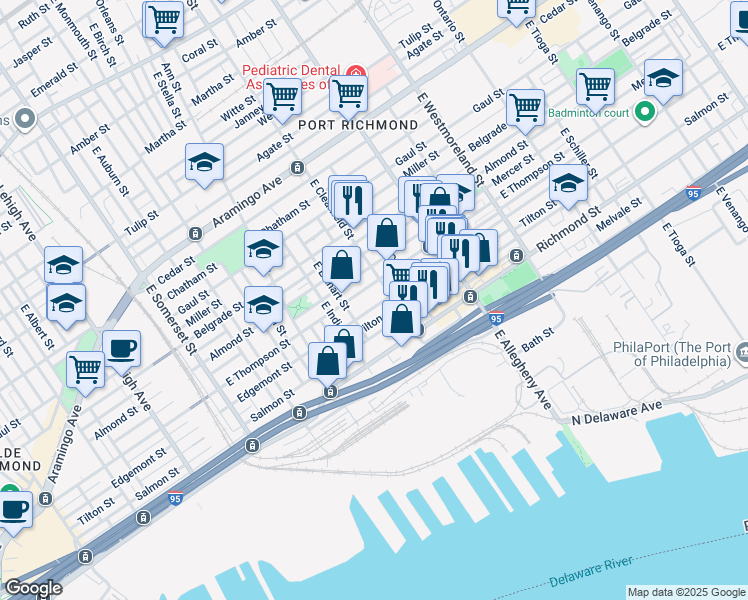 map of restaurants, bars, coffee shops, grocery stores, and more near 3058 Edgemont Street in Philadelphia