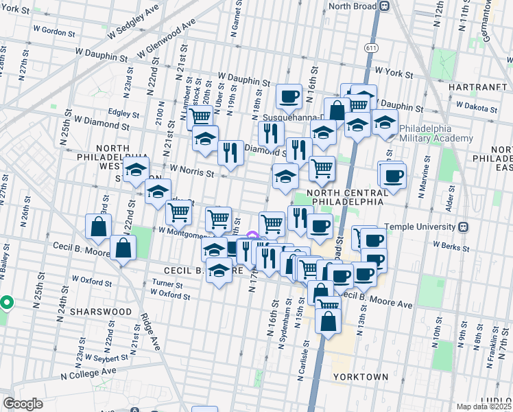 map of restaurants, bars, coffee shops, grocery stores, and more near in Philadelphia