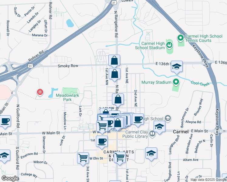 map of restaurants, bars, coffee shops, grocery stores, and more near 443 North Rangeline Road in Carmel