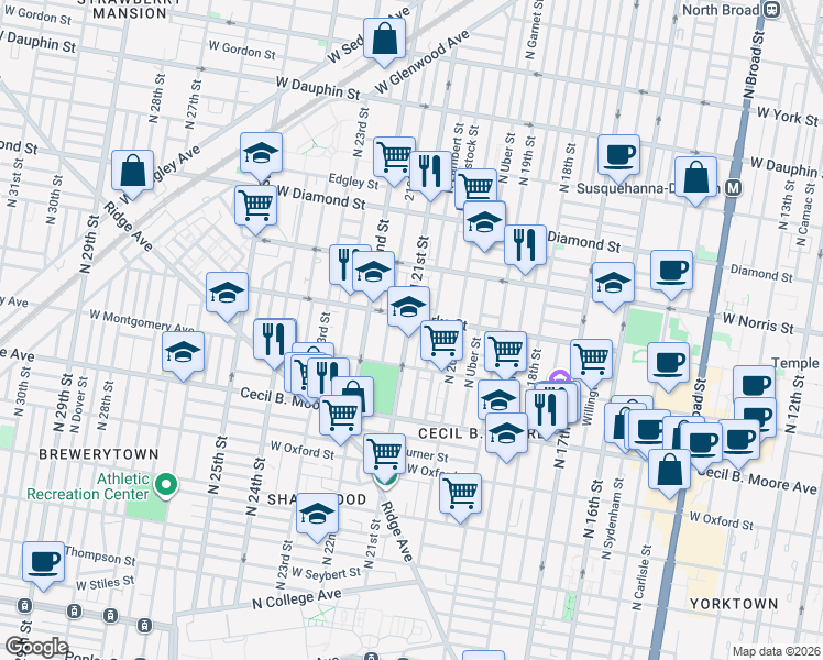 map of restaurants, bars, coffee shops, grocery stores, and more near in Philadelphia