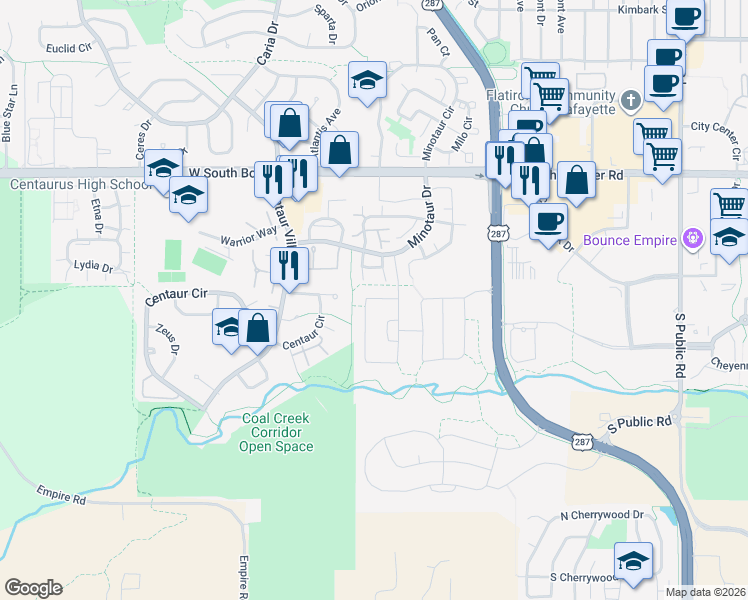 map of restaurants, bars, coffee shops, grocery stores, and more near Pioneer Circle in Lafayette