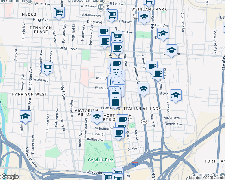 map of restaurants, bars, coffee shops, grocery stores, and more near 13 West Starr Avenue in Columbus