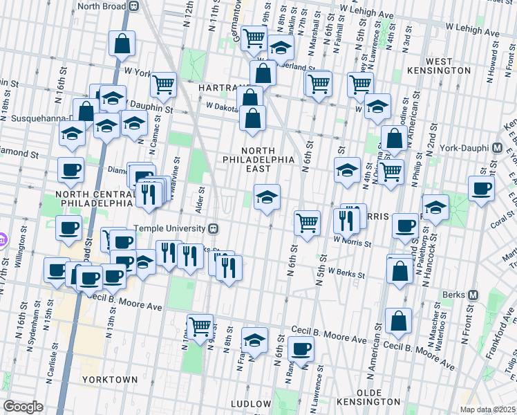 map of restaurants, bars, coffee shops, grocery stores, and more near 2038 North Franklin Street in Philadelphia
