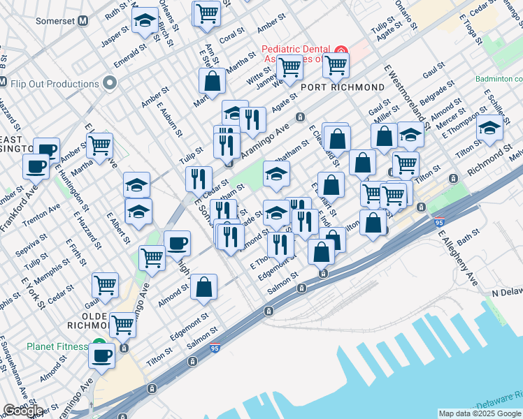 map of restaurants, bars, coffee shops, grocery stores, and more near 2534 East Monmouth Street in Philadelphia