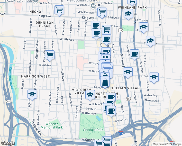 map of restaurants, bars, coffee shops, grocery stores, and more near 85 West Starr Avenue in Columbus