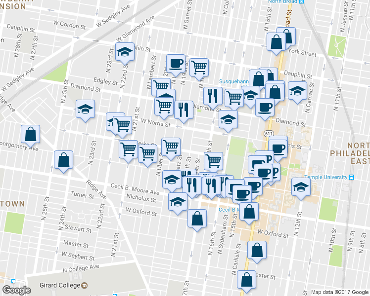 map of restaurants, bars, coffee shops, grocery stores, and more near 1801 West Berks Street in Philadelphia