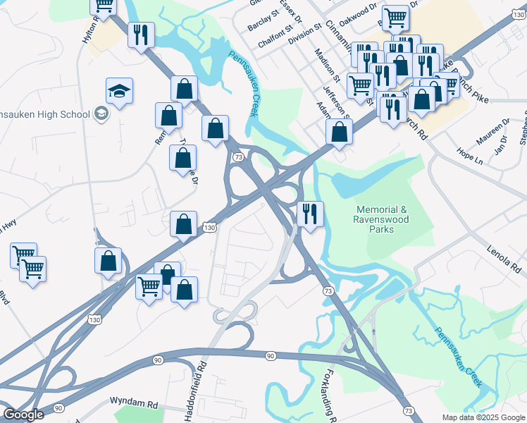 map of restaurants, bars, coffee shops, grocery stores, and more near 101 Hamilton Court in Pennsauken